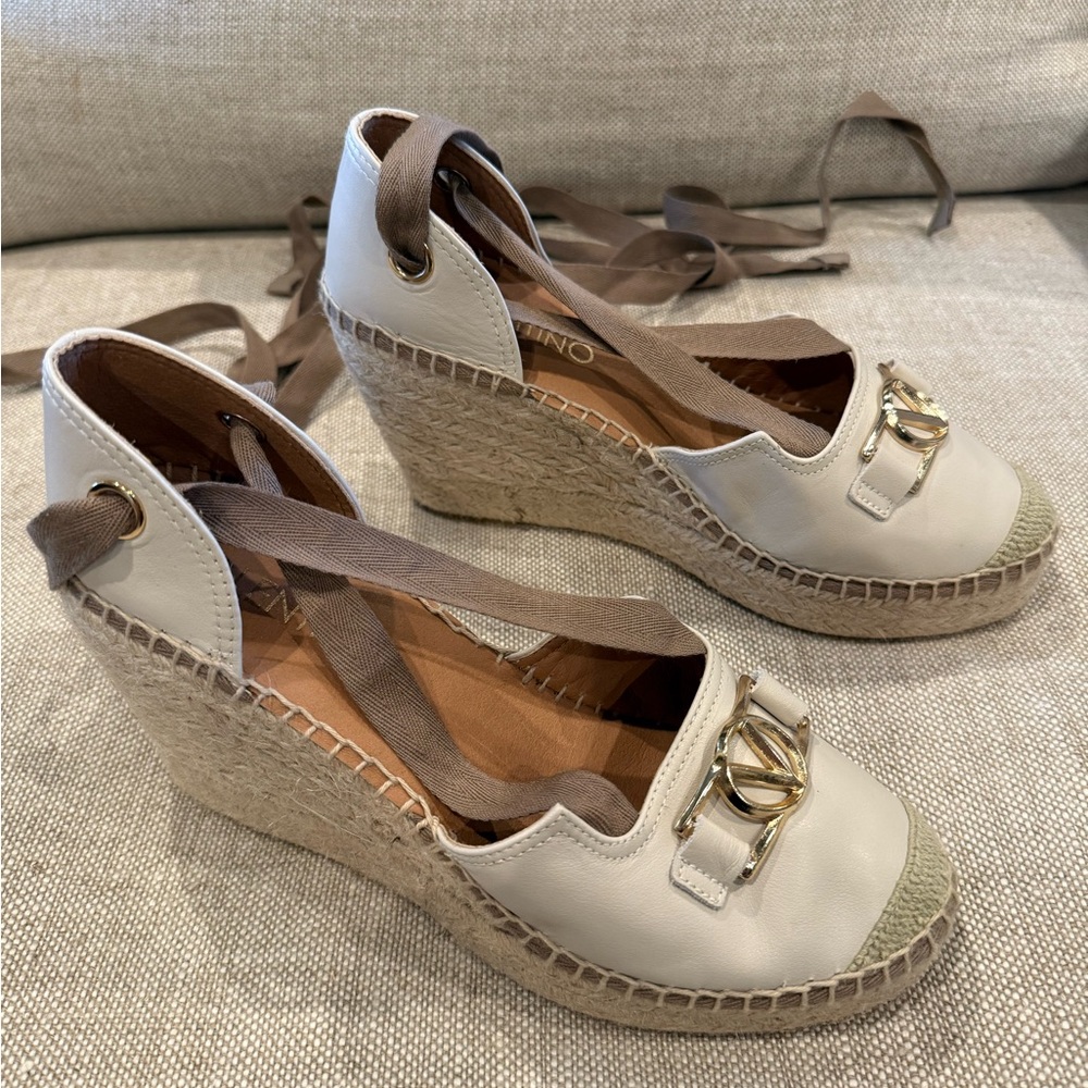 Valentino Cream and Tan Espadrille Wedges